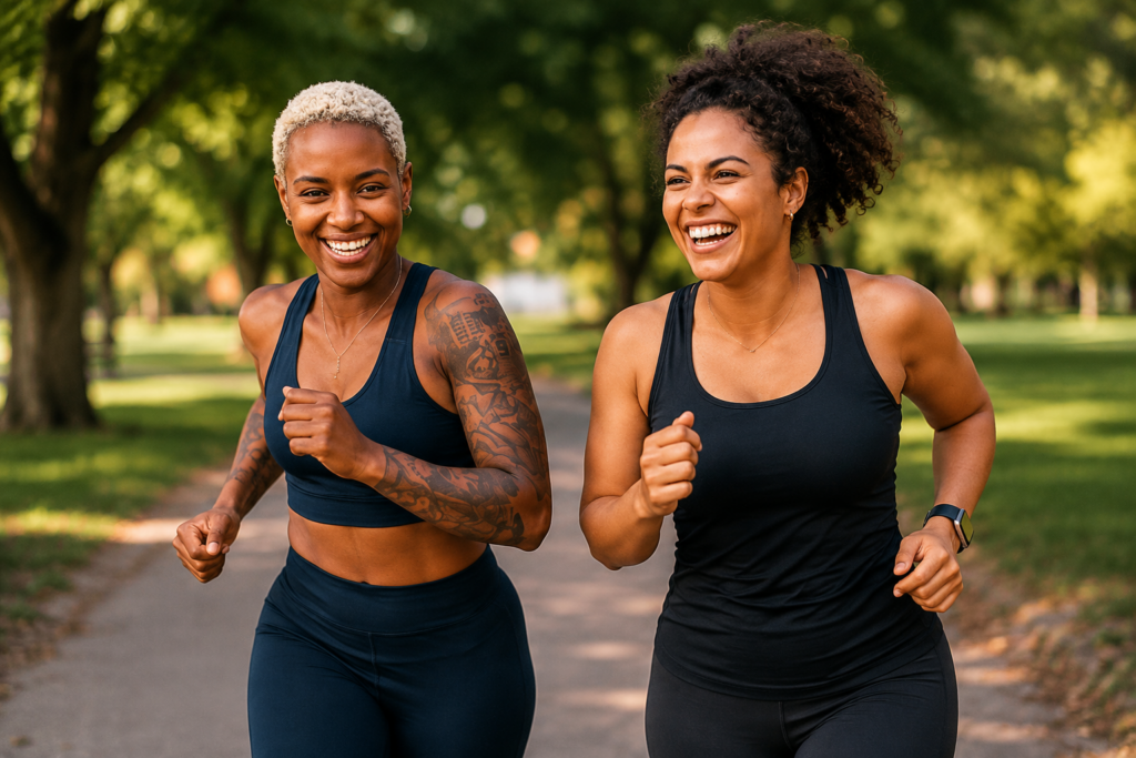 Two people smile while jogging together on a tree-lined park path.
