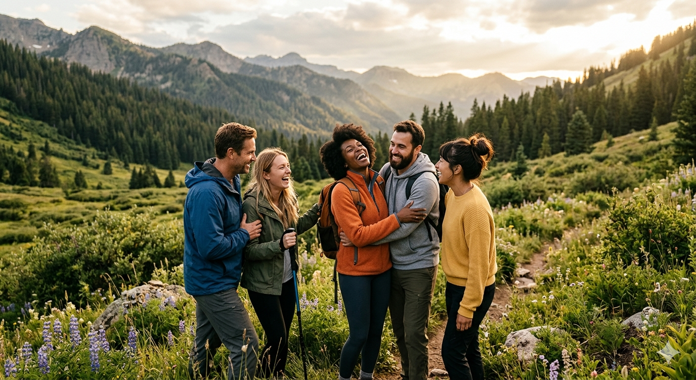 Group of friends laughing together on a mountain hike, symbolizing belonging, social connection, and emotional support.