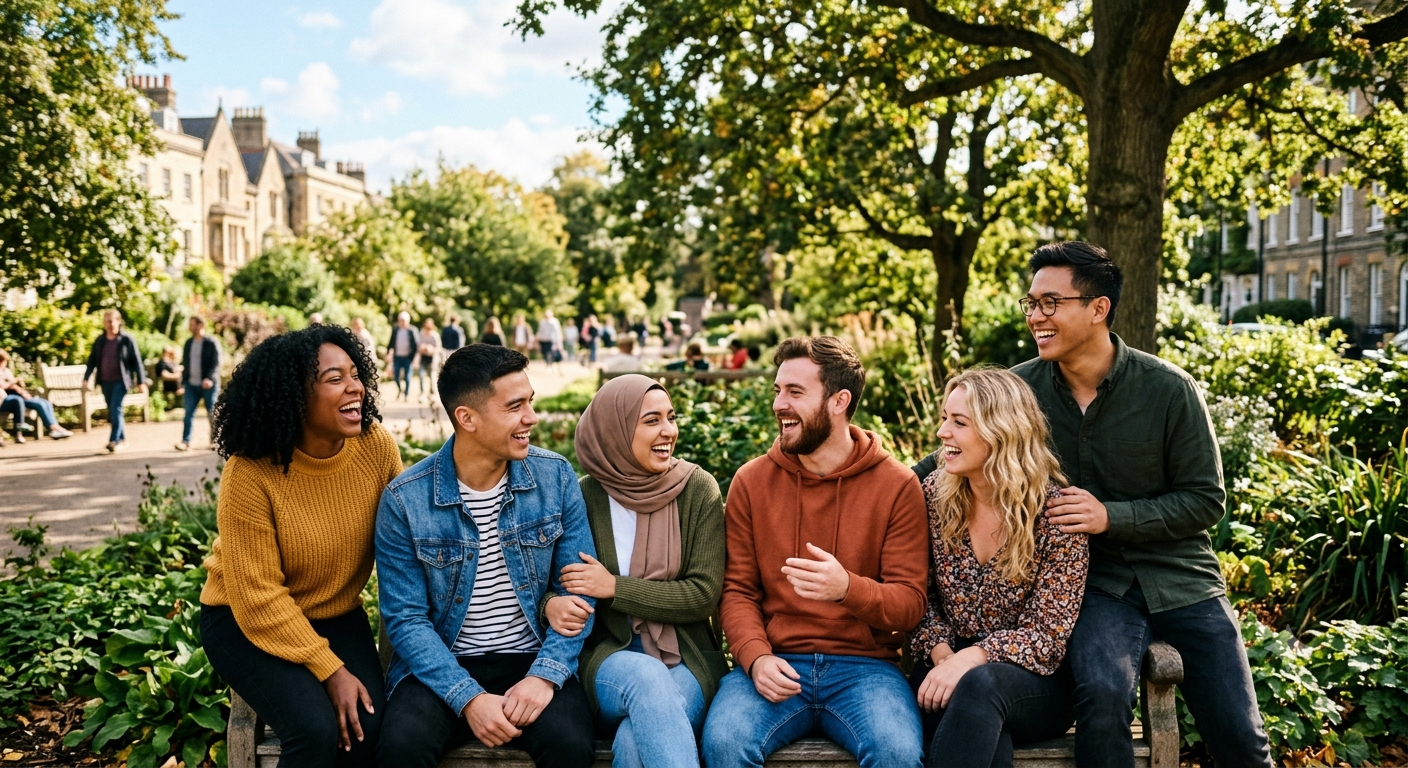 Six diverse friends laughing together on a park bench in a sunny, tree-lined neighborhood garden.